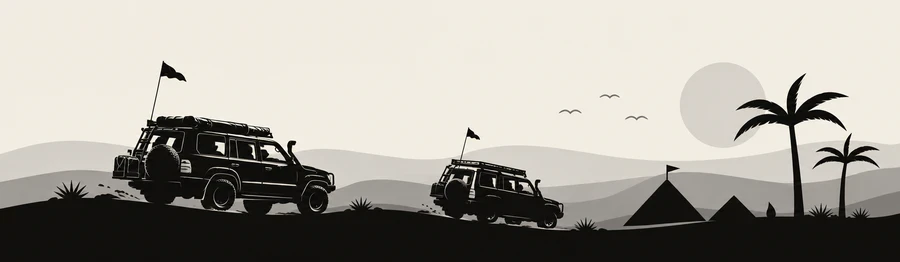Two 4x4 vehicles driving over desert dunes past a camp and palm trees